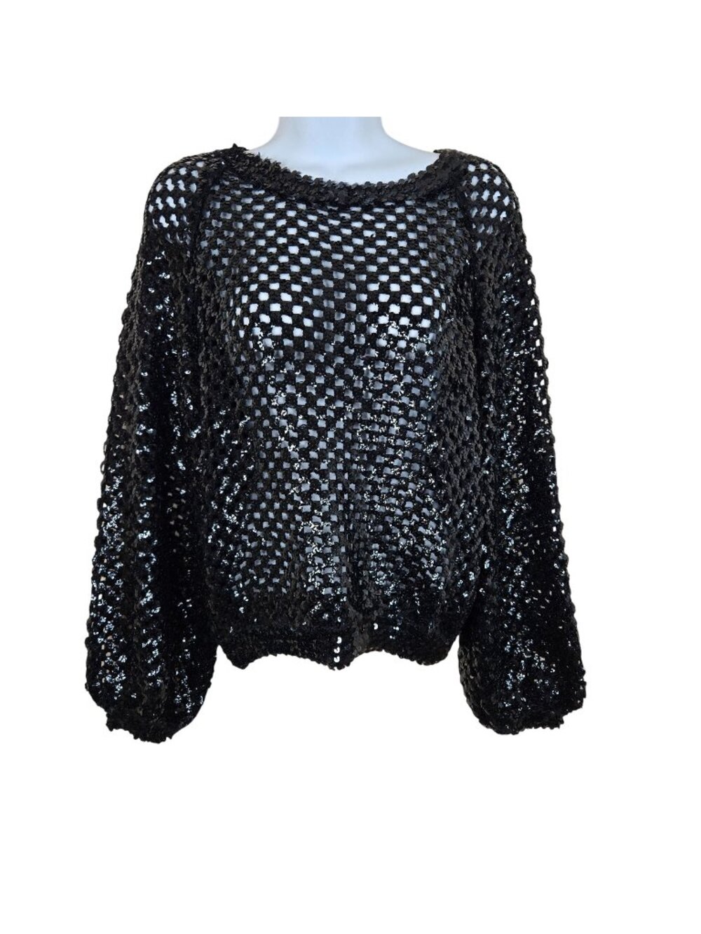 Vintage 90s Black Sequin Open Knit Long-Sleeve Sweater Top Womens L